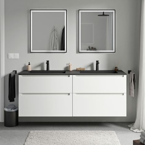 BERNSTEIN - Mobile lavabo doppio sospeso MDF bianco opaco, lavelli Ghisa nero opaco + fori rubinetteria, cassetti girevoli - 160x46x62cm - VIREO	Bianco opaco, Nero opaco con foro rubinetto