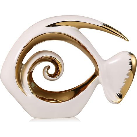 Statuettes de Poissons en céramique Blanc et Or - Déco côtière et Moderne pour Salon, Salle à Manger, Salle de Bain, Bureau, Maison de Plage, Style Nautique, entrée et étagère (1/5)