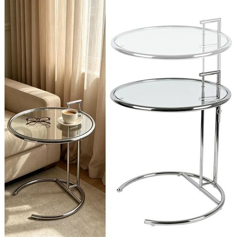 Table d'Appoint en C Réglable, Table Basse Plateau Verre pour Canapé, Salon Table de Canapé Réglable en Hauteur 66-91 cm, Cadre Inox, Table Verre Compacte pour Canapé, Lit, Bureau et Petits Espaces (1/5)