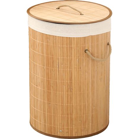 Cesto portabiancheria pieghevole in legno di bambù, cesto portabiancheria pieghevole con coperchio, fodera integrata, cesto portaoggetti per vestiti sporchi (1.0 rotondo, colore originale).