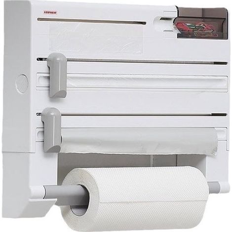 Planche avec coupe-rouleau - Porte-rouleau de papier toilette - Étagère de cuisine - Support mural - Porte-rouleau de papier toilette blanc - Organisateur de film alimentaire - Support multifonctionne (1/5)