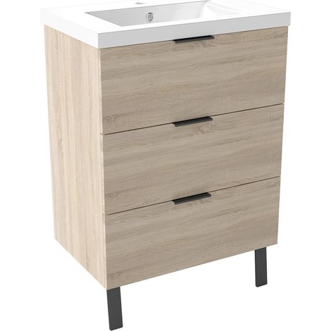 Océan Meuble de salle de bain mural avec pieds 60 cm Chêne - 3 tiroirs + Lavabo Céramique (1/5)