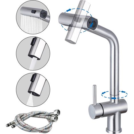 Robinet de cuisine chromé avec pulvérisateur, mitigeur extractible Luniquz en acier inoxydable, double fonction pour évier, camping-car, buanderie, bar (1/4)