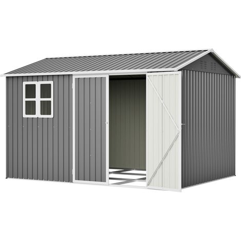 Caseta de jardín metálica gris 311x240x201 cm con ventana, 4 ventilaciones y tejado inclinado (1/5)