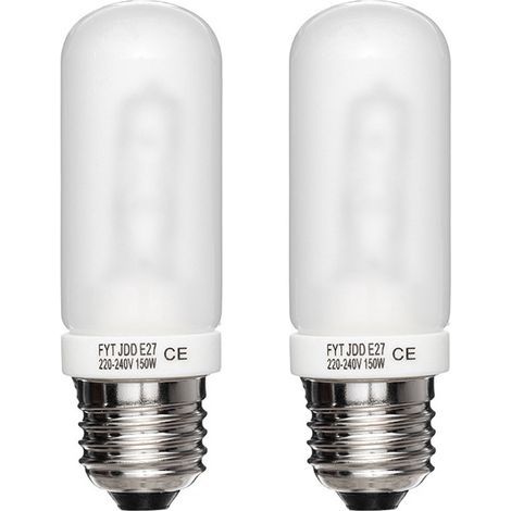Two E27 threaded 3700K frosted halogen bulbs, 150W 220-240V, suitable for use as modeling bulbs for studio flashes