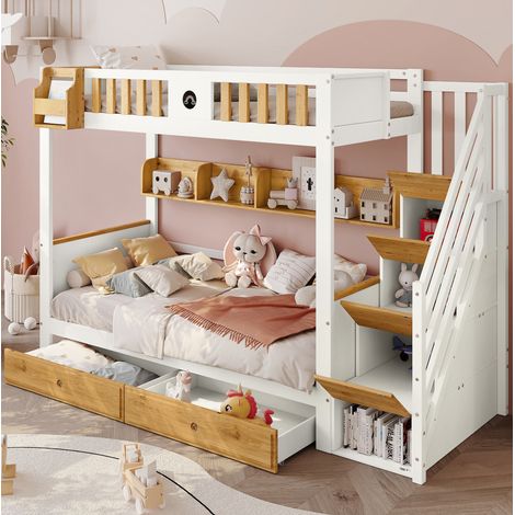 Lit superposé enfant 90 x 200 cm avec escalier de rangement 4 placards 2 tiroirs, tableau rond et barrière de sécurité, blanc (1/5)