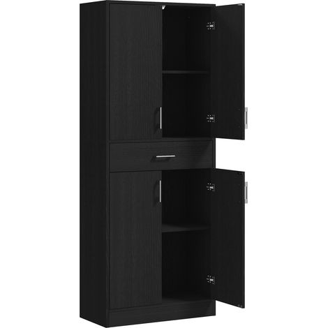 Hohes Küchen-Sideboard mit 4 Türen, 2 Schränken und 1 Schublade in der Mitte, 180 cm, 2 verstellbare Einlegeböden, schwarz