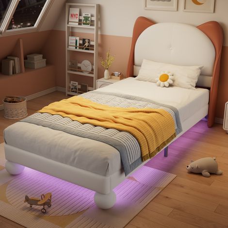 Einzelbett für Kinder -90x200cm - Katzenohren-Kopfteil - integriertes LED-Band - stabiler Lattenrost - Beige