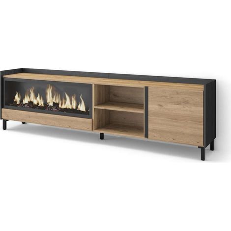 Mueble TV Ojén-01 de 212x61x35 cm con chimenea eléctrica XXL, diseño industrial, color roble y negro (1/4)