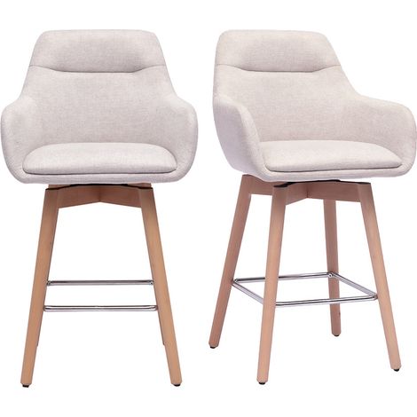 Tabourets de bar scandinaves pivotants 360° en tissu effet velours texturé beige et bois clair H65 cm (lot de 2) ALESS (1/5)
