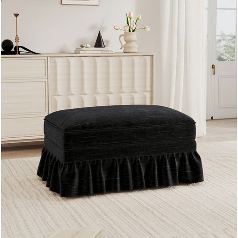 Pouf poggiapiedi 90x56,5x49 cm in tessuto ciniglia nero con gonna rimovibile per salotto FloraGrace (1/5)