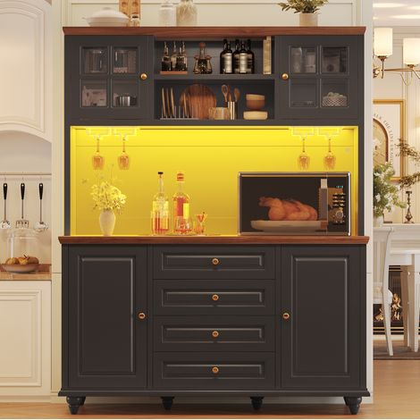 Buffet haut 140x40x179,5 cm en MDF noir, avec rangement LED pour cuisine et salon FloraGrace (1/5)