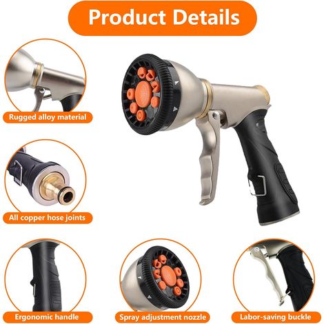 Pistolet arrosage jardin métal 9 modes réglables, débit contrôlable pour pelouse lavage voiture plantes animaux (1/3)