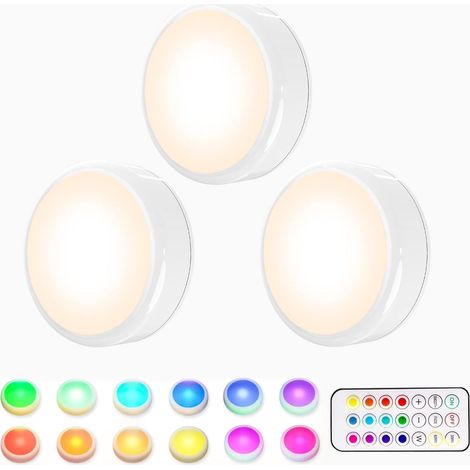 Lampe de Placard, Lampe LED Veilleuse RGB 16 Couleurs Sans Fil, éclairage d'escalier/de jeu à LED, avec 1 Télécommandes et Fonction de synchronisation, Paquet de 3 (1/5)