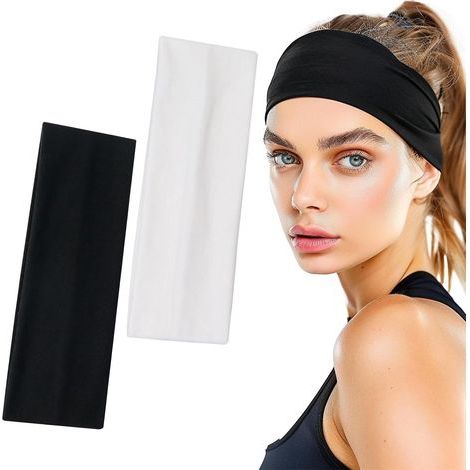 2 Pièces Bandeau Large Sport Headband, Antidérapant pour , Yoga Fitness(Blanc,Noir) (1/4)
