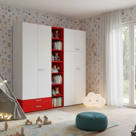 L.225 H.225,8 - Armadio con libreria incorporata e cassetti - Design moderno e funzionale - Bianco e Rosso