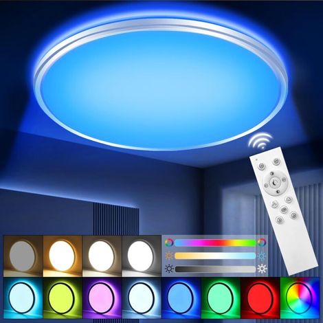 Dimmbare RGB-LED-Deckenleuchte mit Fernbedienung, 24 W/3000 lm, flache runde Deckenleuchte, 3000 K–6500 K, 10 Helligkeitsstufen, 7 RGB-Deckenleuchten für Schlafzimmer und Wohnzimmer