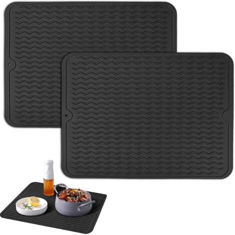 QORVA-(Noir) 2 Pcs Tapis de Séchage Vaisselle en Silicone, 40x30 cm Tapis Egouttoir Vaisselle, Tapis égouttoir Vaisselle Antidérapant, Tapis de Drainage de Cuisine, Tapis Organisateur d'évier en.
