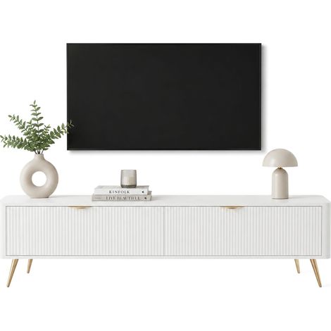 Fernsehmöbel Kala, 2 Regale, 2 Türen, Geriffelte Türen mit Füßen, 200x38x51h cm Weiß