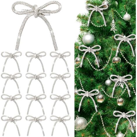 Lot de 12 nœuds de Noël, décorations de Noël, nœuds en strass scintillants avec fil de fer pour décoration de sapin de Noël, mariage, guirlande (1/5)