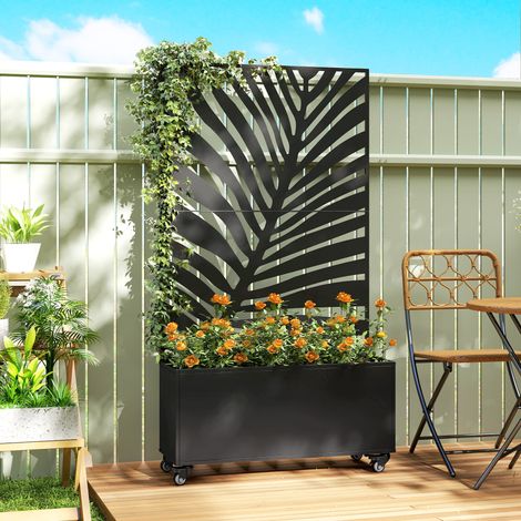 Jardinière avec treillis, bac à fleurs, avec brise-vue et roulettes verrouillables, métal, 90 x 30 x 160 cm, noir (1/5)