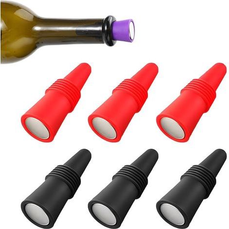 Lot de 6 bouchons de vin, en silicone réutilisables,Bouchon Bouteille Vin pour bouteille de boisson avec bouchon en liège Pour conserver le champagne et la bière (rouge, noir) (1/5)