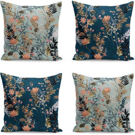 Kissenbezüge – 4er-Set Samtkissenbezüge – 45 x 45 cm – Blumen auf dunkel- und hellblauem Hintergrund – Weicher, samtiger Kissenbezug (1/3)