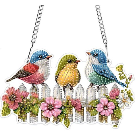5D Diamond Painting Anhänger mit Kette, 3 niedliche Vögel, Fensterbild, Hängedekoration, Mehrfarbig (1/4)