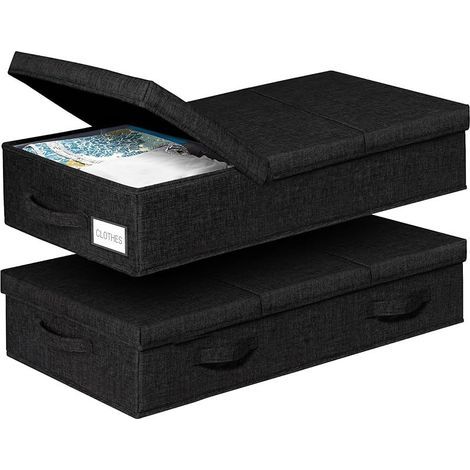 Set di 2 contenitori sotto il letto - Neri 81 x 41 x 15 cm. Contenitore piatto con coperchio e maniglia, in tessuto pieghevole, ideale per riporre vestiti, coperte e piumoni. (1/5)