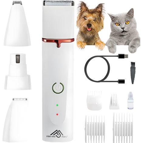 Tondeuse professionnelle pour animaux, chiens, chats, poissons et griffes®, silencieuse, 4 fonctions, 3 têtes pour zones difficiles d'accès, oreilles, griffes, une extrémité pour limer les ongles, bla (1/5)