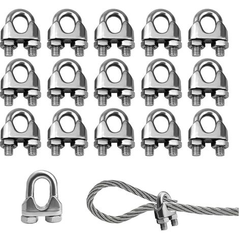 Lot de 16 serre-câbles en acier inoxydable de type U M6 avec finition argentée – Durable pour cordes à linge, clôtures de jardin, rails de rideaux et fixations extérieures