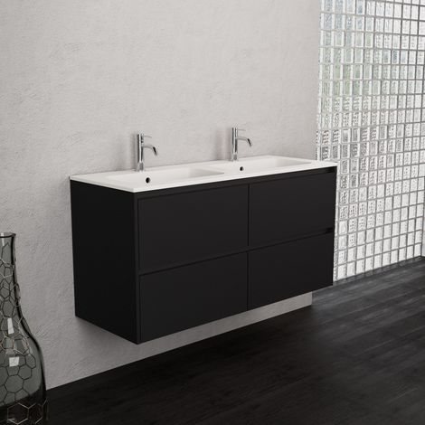 Inda - Badezimmerschrank 4 Schubladen B.120 mit Doppelwaschbecken Matt / Mattschwarz - Smeraldo (1/5)