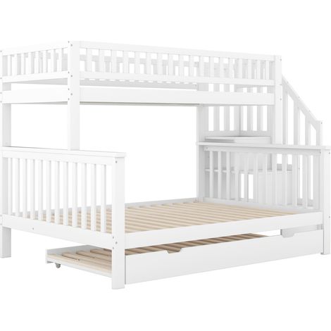Lit superposé enfant 90 x 200 cm et 140 x 200 cm avec lit gigogne et escalier blanc (1/5)