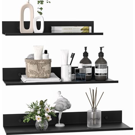 Etagere Murale sans Percage Lot de 3, Moderne Tablette Flottante Etagère Salle de Bain, Noire Métal Aluminium, 30/35/40 cm, Charge Max 5 kg, Anti-rouille (1/5)