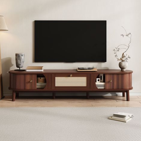 Meuble TV naturel 170 x 39,5 x 38 cm, porte coulissante en bois massif, tiroirs en rotin tressé, pieds en bois massif, charge 50 kg (1/5)