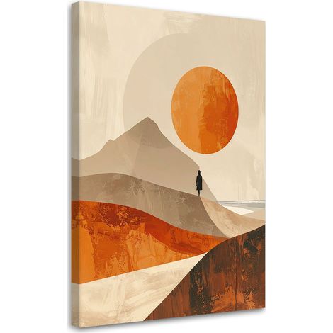 Quadro su tela, Un paesaggio minimalista con montagne e un sole arancione. - 20x30 (1/2)