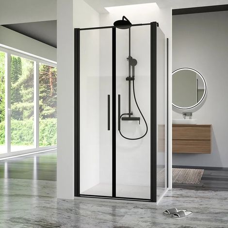 Cabine de douche 100 x 90 cm avec ouverture saloon et paroi fixe profilés noir mat et verre transparent 6 mm h195 Elba (1/4)