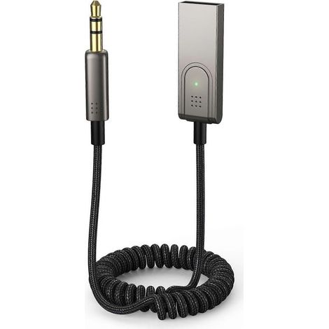 Adaptateur USB vers AUX 3,5 mm pour voiture avec Bluetooth 5.1, microphone intégré, compatible avec les appels mains libres et Bluetooth.