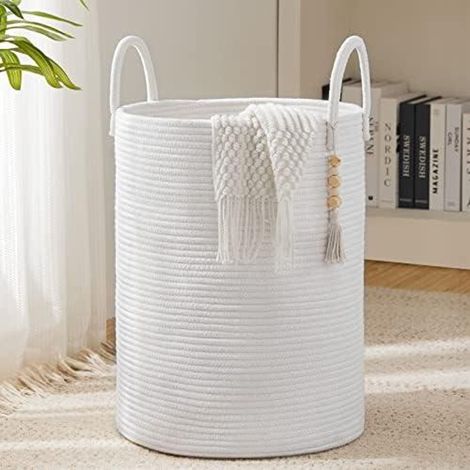 Panier linge tressé coton gris blanchi anses 38x50cm rangement linge sale pour maison jardin bureau quotidien (1/5)