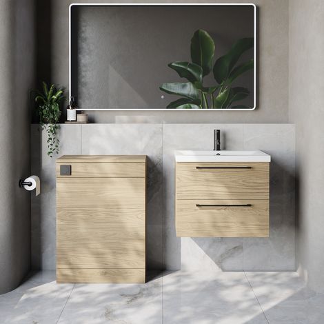 Napoli 390 Cento Light Oak 1200mm Wall Mounted 2 Drawer Vanity Unit and Toilet Suite with Glide Basin - 1200mm - Matt Black 320mm HandleWithout Kingston Toilet Pan