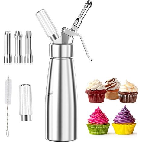 Cream Siphon 500 ml, 3 Stainless Steel Nozzles and Cleaning Brush, Reusable Cartridge for Desserts Cakes Mousse (1/5)