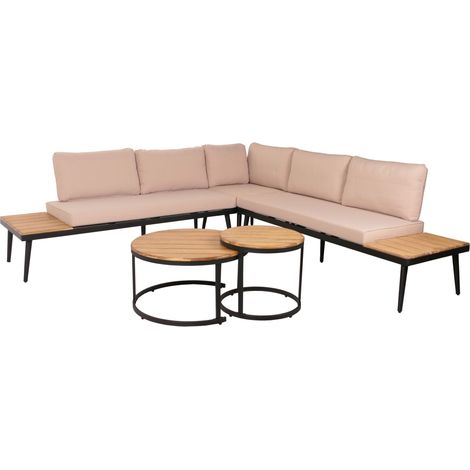 [NON UTILIZZATO] Set da giardino HHG-215c, salotto con 2x tavolini Legno acacia massello acciaio, marrone chiaro, cuscini beige