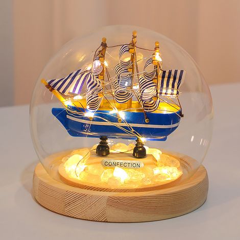 Veilleuse DIY Bateau à Voile Artisanale en Verre et Bois Lumière LED Bleue Rose Cadeau Décoration 12x14cm (1/5)