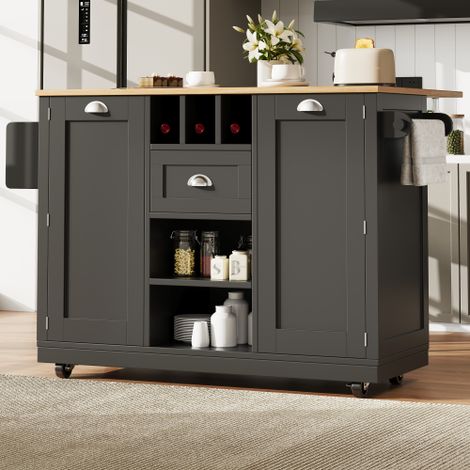 Kücheninsel, Esszimmerwagen mit Arbeitsplatte, Buffetschrank, Esszimmerwagen mit Holzmaserung, seitlicher Handtuchhalter, mit Weinregal, mit Rollen, schwarz