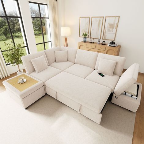 Canapé d’angle convertible XL 4 places avec rangement, canapé en L modulable en chenille avec pouf, tablette et USB-C Beige, 247,5 x 172 x 87 cm (1/5)