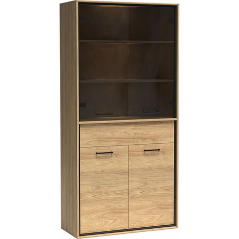 Estantería Etrmoni 102, Luminoso madera, Cerrable, Con cajones, Con puertas, Aglomerado laminado, Número de puertas: 4, Número de cajones: 1, 197x92x41cm