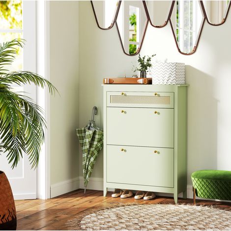 Zapatero de madera verde 88 x 30 x 120 cm con 2 abatibles, 1 cajón y baldas regulables (1/5)