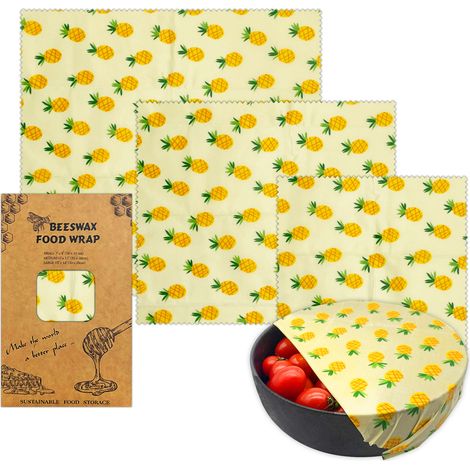 Lot de 3 lingettes alimentaires en cire d'abeille avec imprimé ananas en trois tailles petite, moyenne et grande, emballage réutilisable sans plastique pour fruits, pain et plats de cuisine