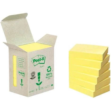 Post-it Notas Recicladas Canary Yellow - Paquete de 6 Blocs, 100 Hojas por Bloc (38 mm x 51 mm) - Color Amarillo - Notas Autoadhesivas Hechas de Papel 100% Reciclado