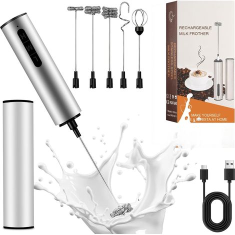 Mousseur à Lait Électrique 5 en 1 USB Rechargeable, Mini Fouet avec 5 Têtes Interchangeables pour Café, Matcha, Cappuccino, Œufs et Crème (1/5)